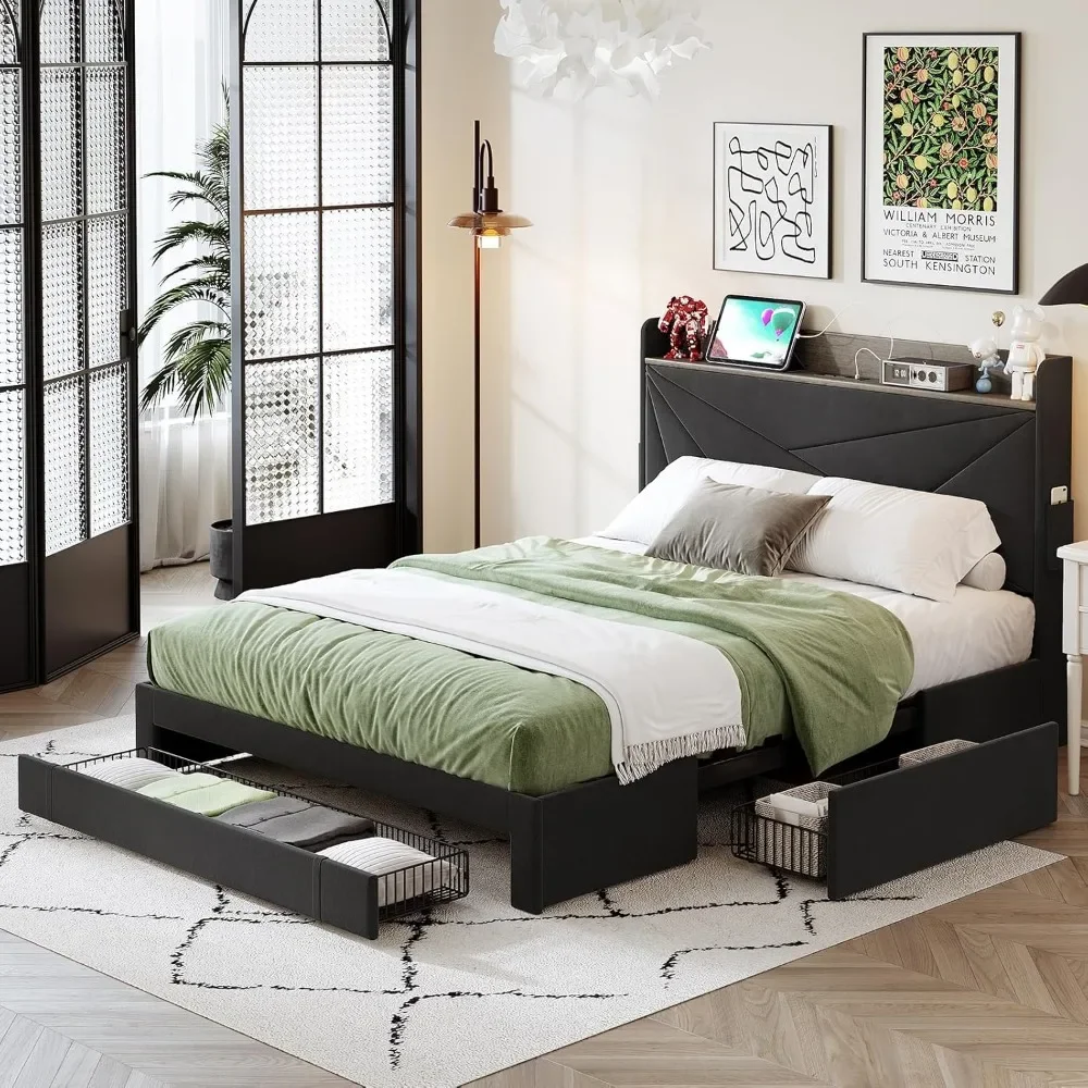 Каркас кровати размера queen-size с 3-мя ящиками и местом для хранения изголовья