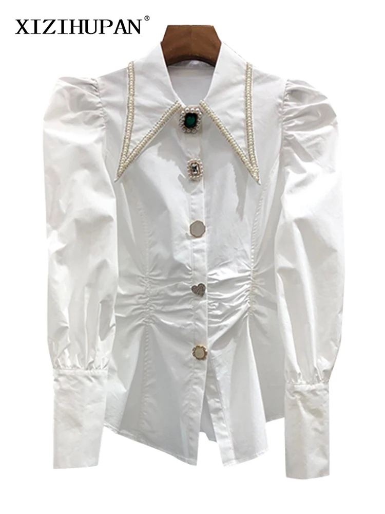 

XIZIHUPAN White Fold Pleated Shirt For Women Lapel Collar Puff Sleeve Patchwork Buttons Loose Shirts Female 2022 Spring Clothing