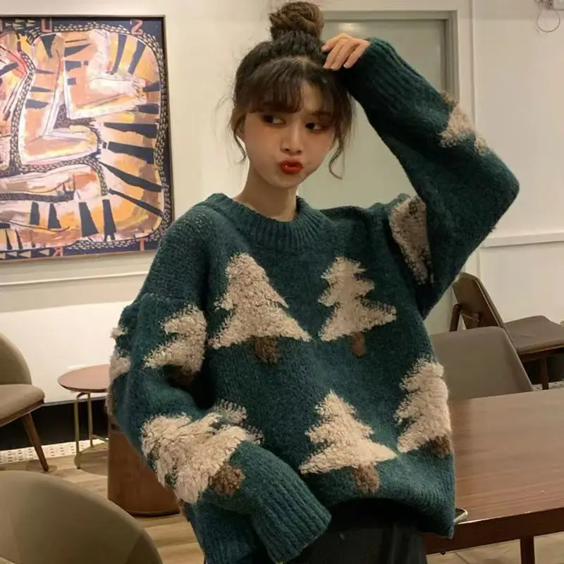 

DAYIFUN Autumn Winter Sweaters Women's O Neck Long Sleeve Christmas Tree Embroidery Jumpers Red Green Warm Couple Knit Pullovers