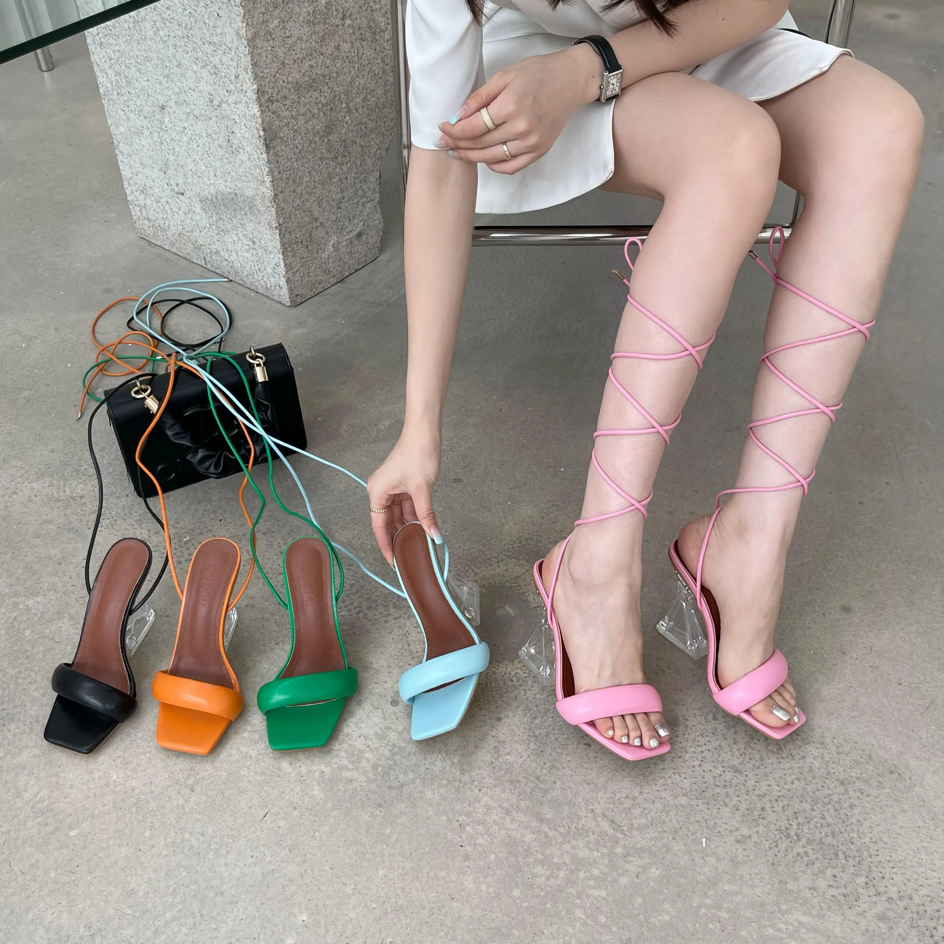 

Summer Women Thin High Heels Shoes Sandals Transparent Gladiator Ankle Strap Sexy Pump Female Party Wedding Ladies Plus Size
