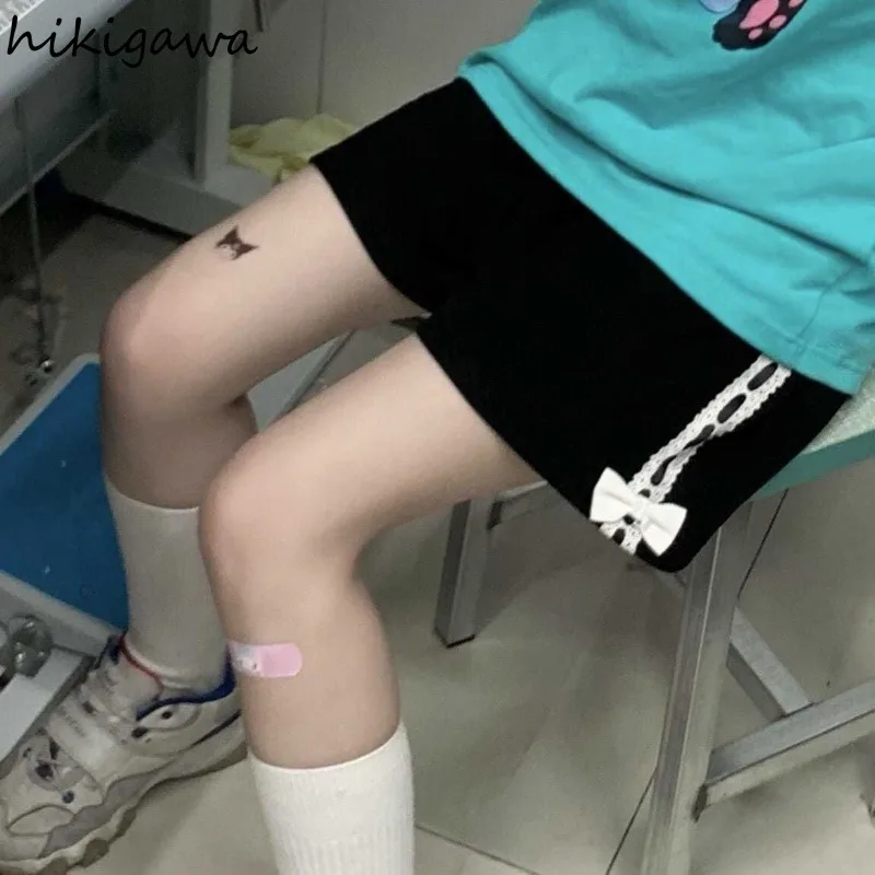 Кружевные милые шорты с бантом для женщин новинка 2024 японские черные модные