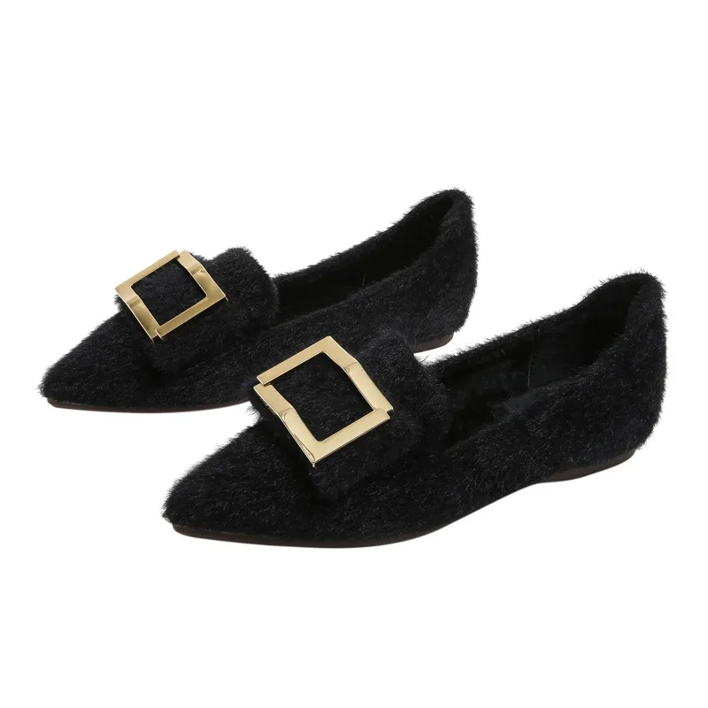 Plus Size 35- 42 43 Women Faux Fur Flats pointed toe Buckle Winter Warm Pumps Plush Lining Lady Loafers Female Shoes A88-20