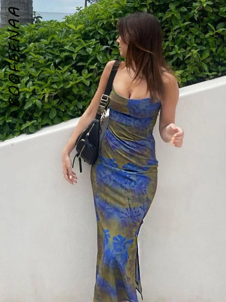 

BOOFEENAA летнее платье с синим принтом длинные платья на бретельках с открытой спиной с разрезом сексуальная одежда Женская Клубная Мода 2023