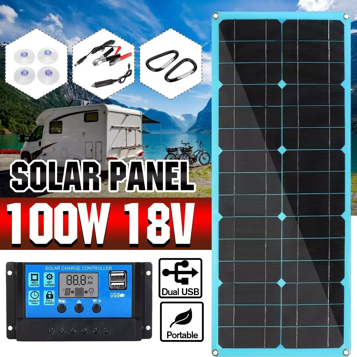 

100W With 30A Controller Solar Panel 18V Flexible Solar Cells for Car Ship Yacht Battery Charger Home Roof Camping Waterproof