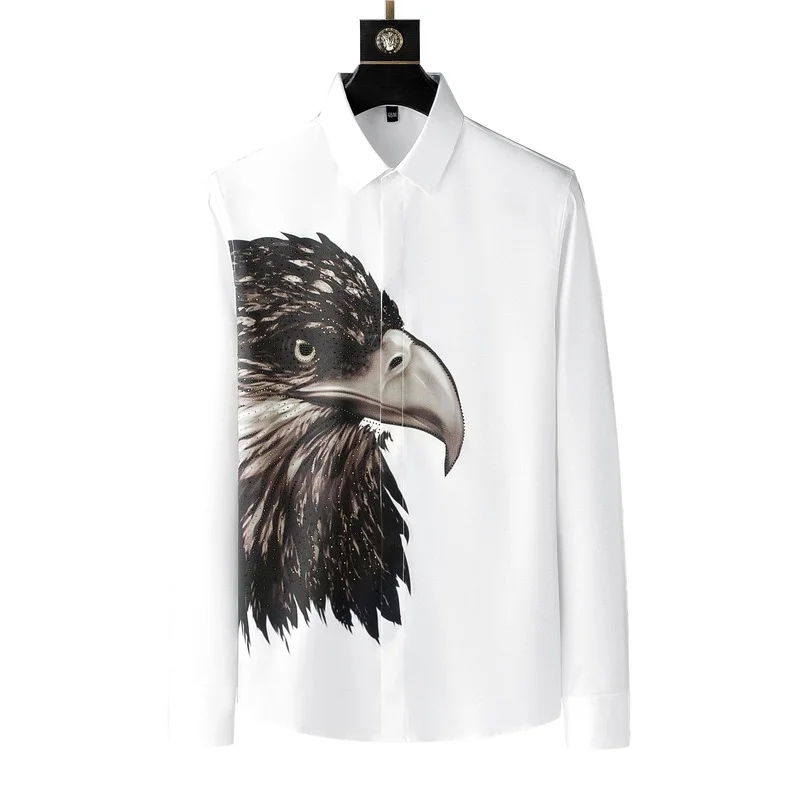 Luxury Rhinestones Shirts for Men 2022 Long Sleeve Eagle Print Slim Casual Shirt Streetwear Social Party Tuxedo Camisa Masculina