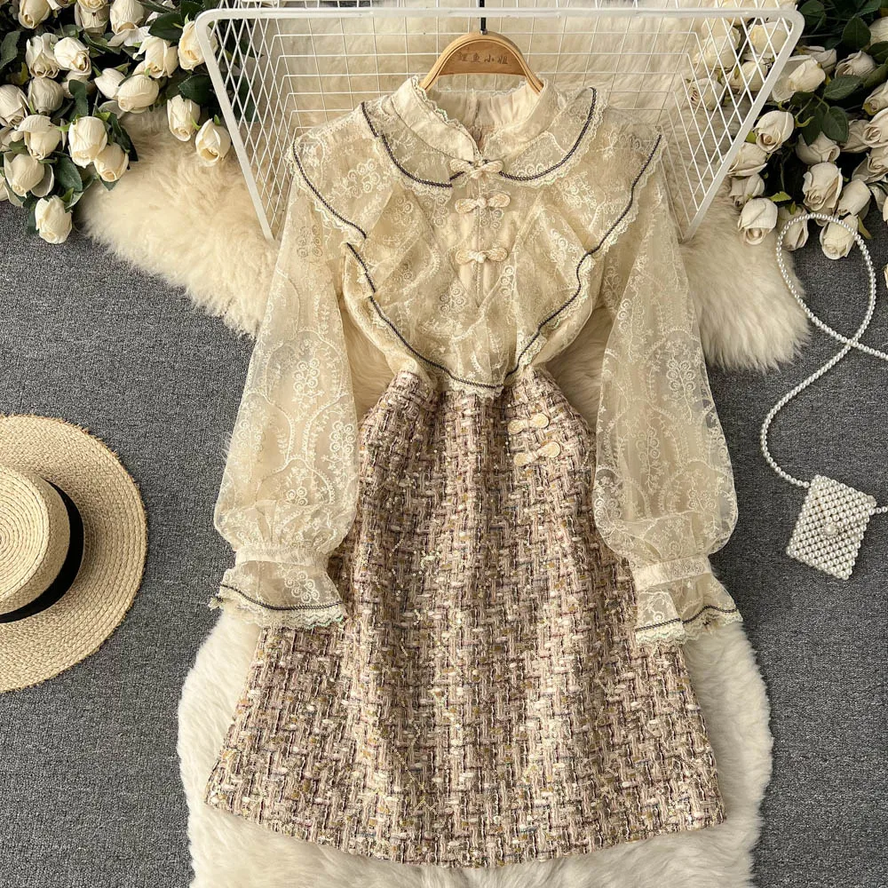 

Fashion dress French style foreign style tweed waist short celebrity temperament lace Dresses