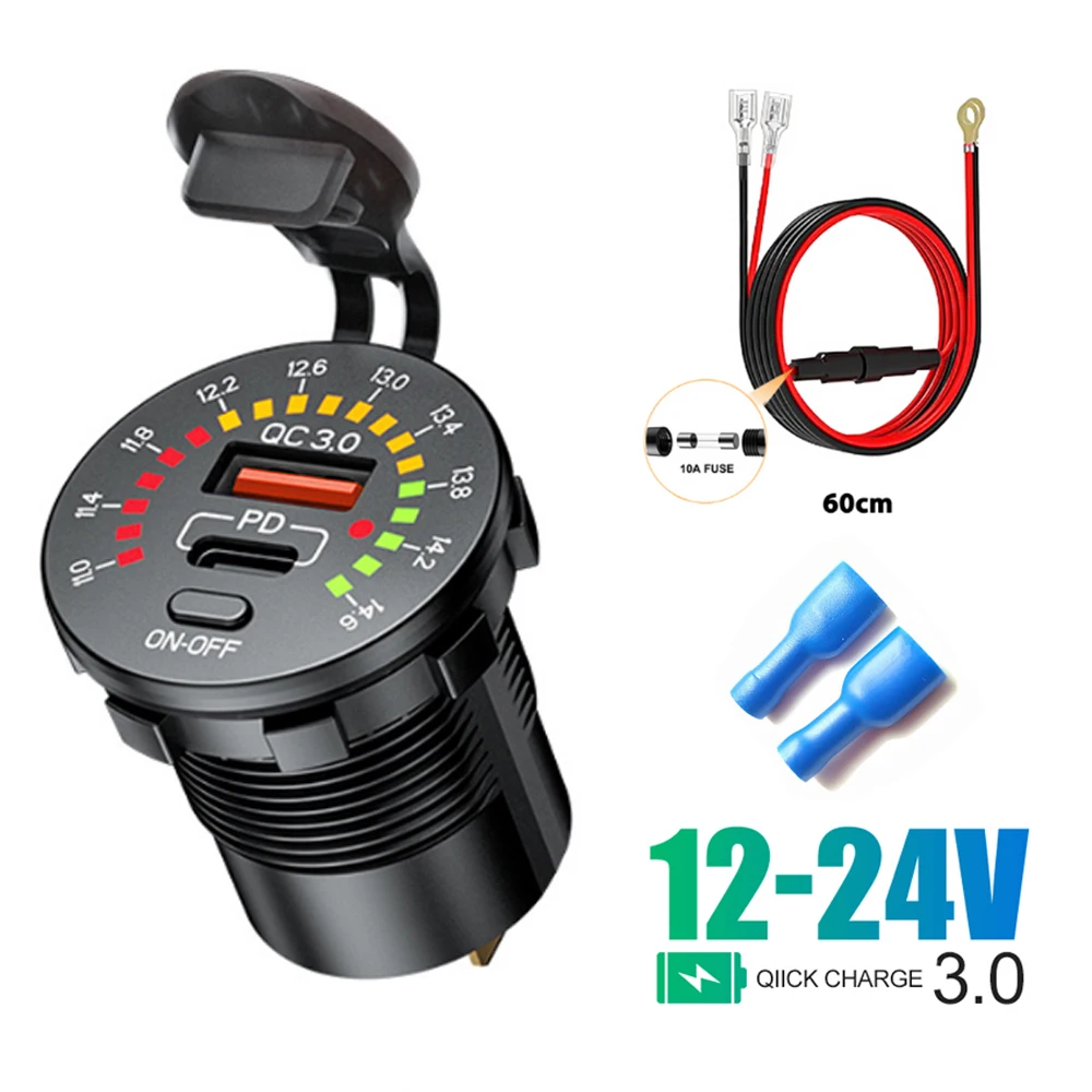 

QC 3.0 36W Dual USB Car Charger 12V 24V Waterproof USB PD Outlet Fast Charge With LED Voltmeter ON OFF Switch For Car Motorcycle