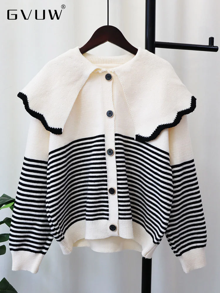 

GVUW Ruffle Knitted Cardigan for Women Sailor Collar 2023 Autumn Korean Edition New Loose Striped Sweater Coat female 17G2302