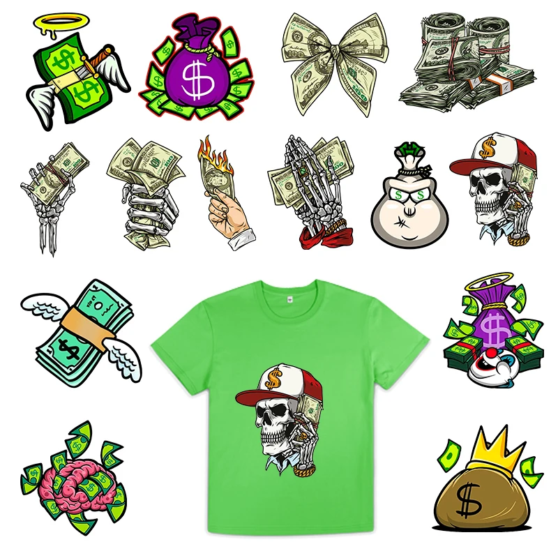 

T-shirt Personalized Custom Vinyl Washable Stripes DIY Ironing T-shirt Dollar Bill Printed Heat Transfer Summer Cotton