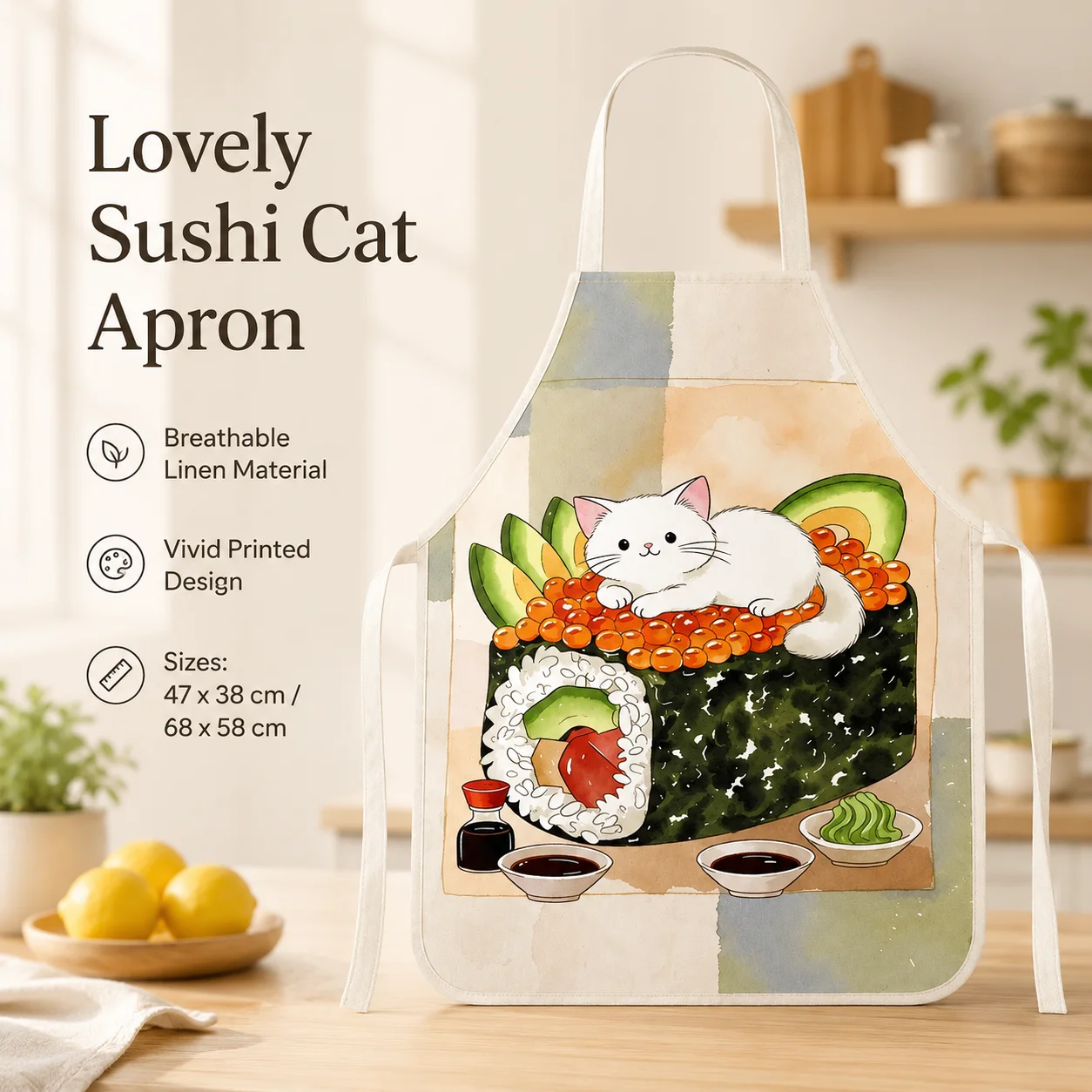Фото Фартук без рукавов из льняной ткани с акварельным рисунком Kawaii Neko Sushi Roll для женщин, любящих животных, для домашней работы, выпечки, уборки, защиты от грязи, подарок №4