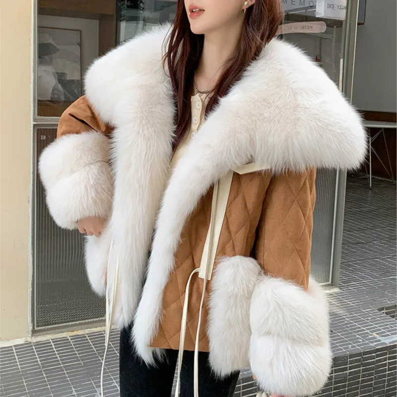 

2022 New Women Down Coat with Luxury Fox Fur Collar Cuffs Suede Winter Clothing Warm Fur Overcoat Real Fox Fur Outwear Fashion