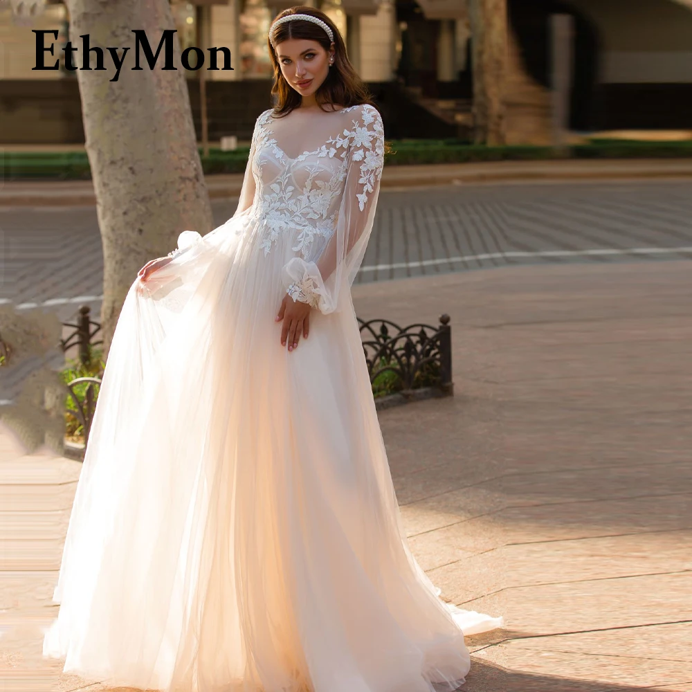 

Ethymon Long Sleeve Scoop Pastrol Attractive Wedding Dresses For Mariages Tulle Button Robe De Soirée De Mariage Made To Order