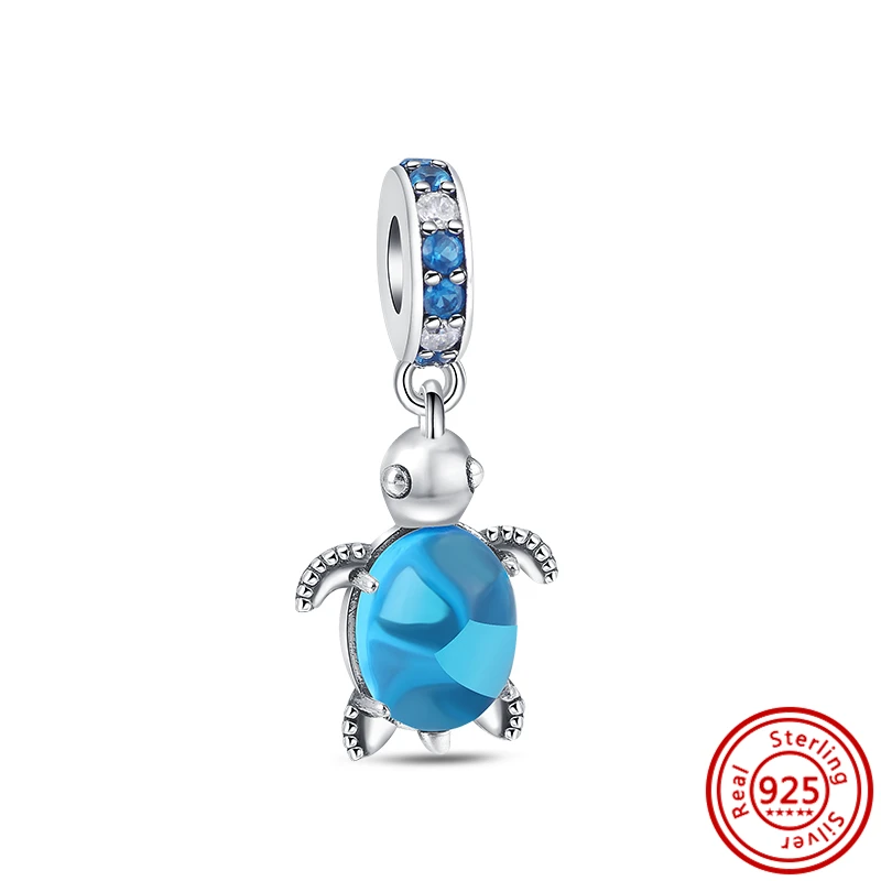 100% 925 Solid Silver Pink Blue Murano Glass Sea Turtle Pendant Shiny Beads Fit Original Pandora Charm Bracelet DIY Fine Jewelry images - 6