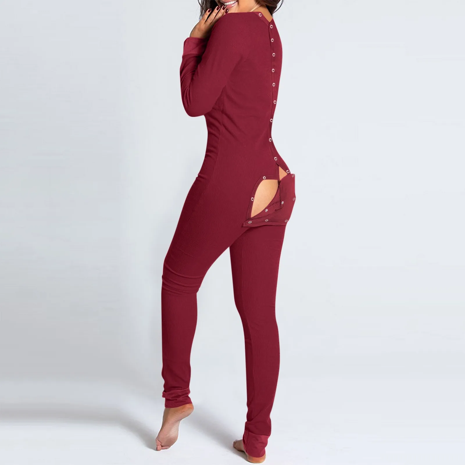 Women's Button-down Onesies Jumpsuit Pajamas Functional Buttoned Flap Adults Jumpsuit Long Sleeve Pajama Sleepwear for Women