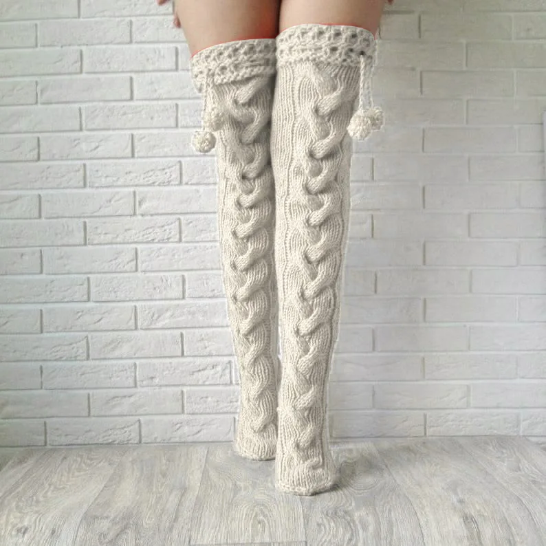 

Gothic New Tassel Ball Sexy Knit Stocking For Women 2020 Winter Over Knee Long Boot Warm Stockings Thigh-high Knit Stocking