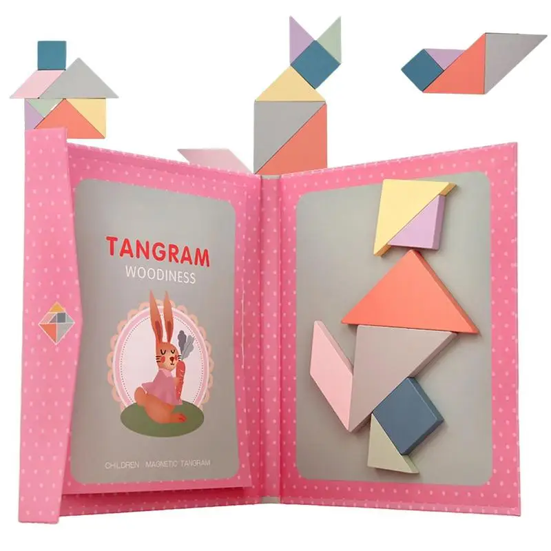 

Lovely Wooden Magnetic Tangram Puzzle Book Educational Jigsaw Montessori Learning Intelligence Jigsaw Games Toy Gifts For Kids