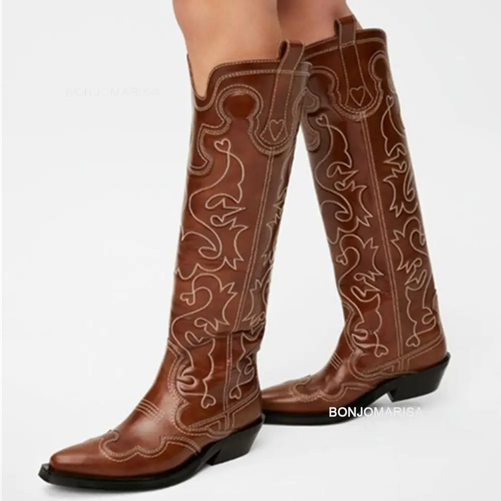 

Bonjomarisa Cowboy Cowgirl Boots For Women Knee High Mid Calf Western Boots Mixed Color Fashion Shoes Pointed Toe Vintage