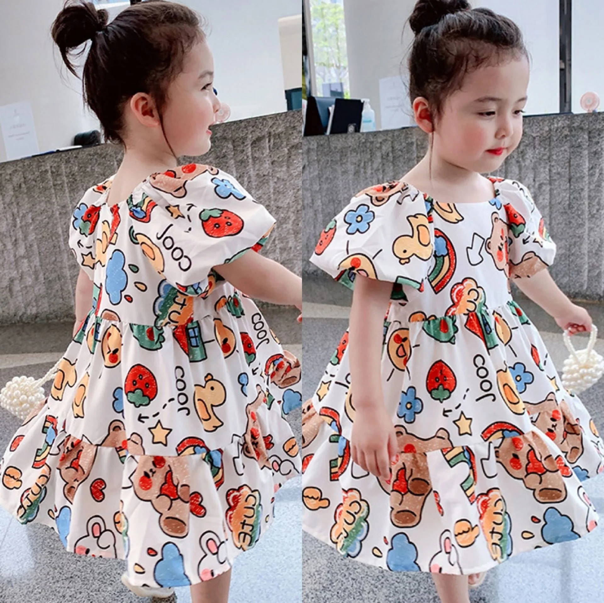 

Cartoon Dress Summer Girls Bubble Sleeve Princess Skirt Wear Children Clothing Little Elegant Kids Frocks