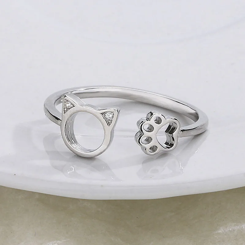 Cute Hollow cat Paw Ring For Women Fashion 925 Sterling Silver Jewelry Sweet Romantic Zircon Rings Women Charm Gift