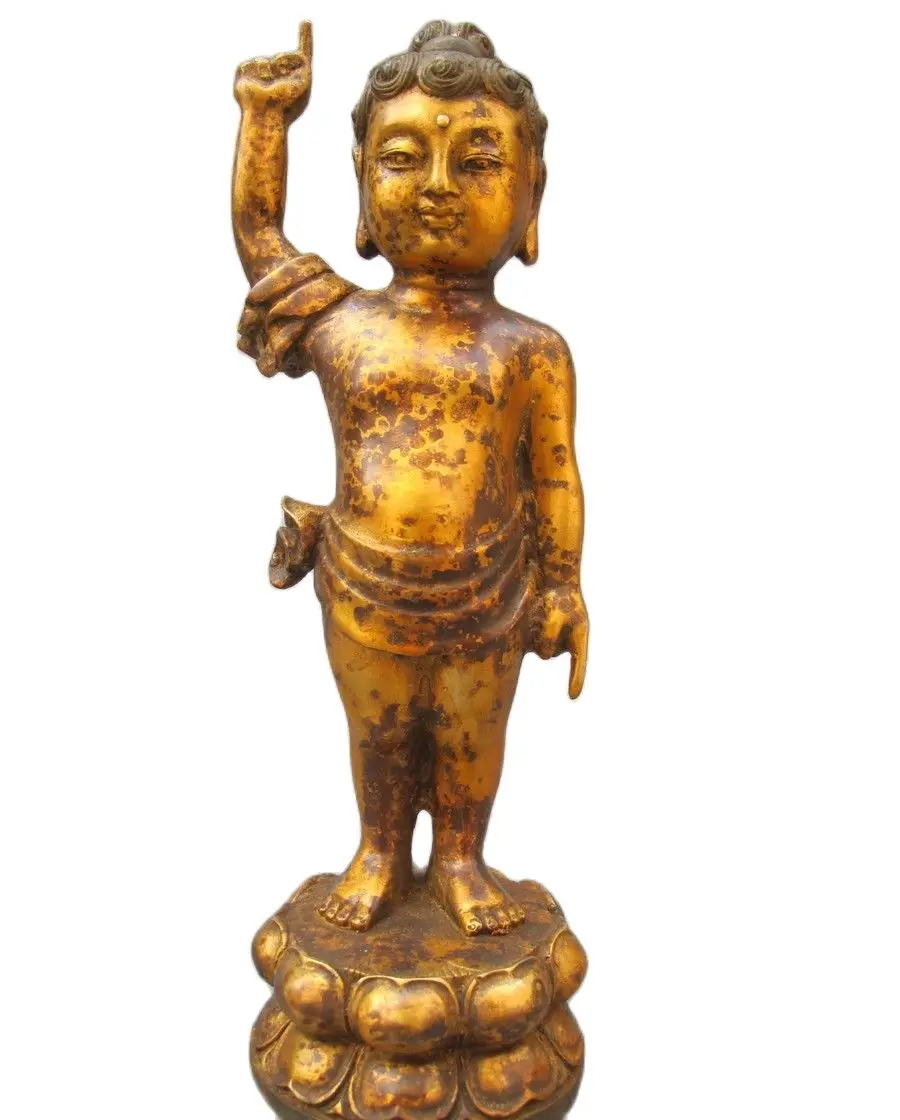 

25CM China Buddhism Old Bronze Fingers the heavens and earth Sakyamuni Buddha statue