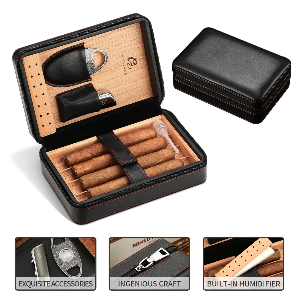 GALINER Travel Humidor With Lighter Cutter Cigar Set Portable Leather Cigar Case 3 Torch Lighters Double Blade Guillotine Cutter