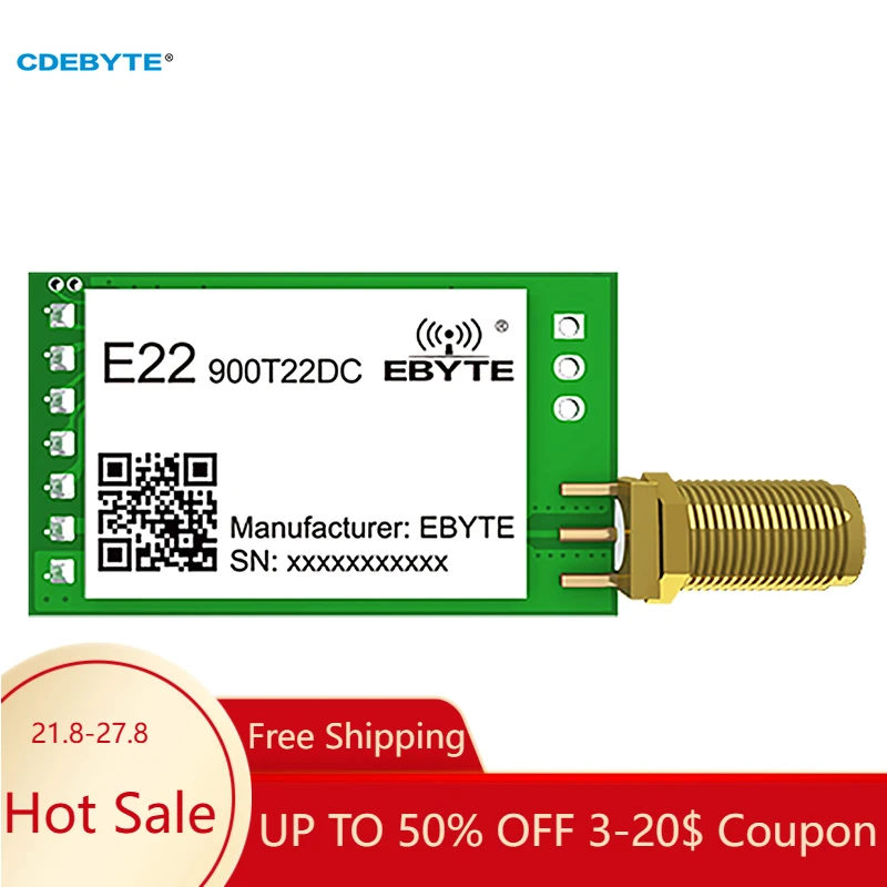 

SX1262 LoRa RF Module UART 868MHz 915MHz 22dBm 5km CDEBYTE E22-900T22DC Spread Spectrum SMA-K DIP Fixed Wireless Transmitter IoT