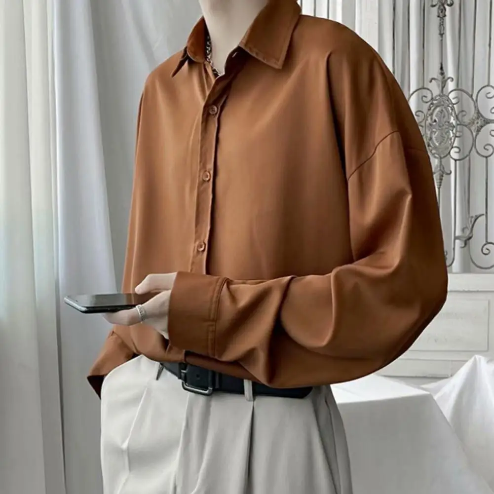 

Solid Color Lapel Buttons Formal Men Shirt Long Sleeves Cardigan Single-breasted Spring Shirt Casual Loose Breathable Men Tops