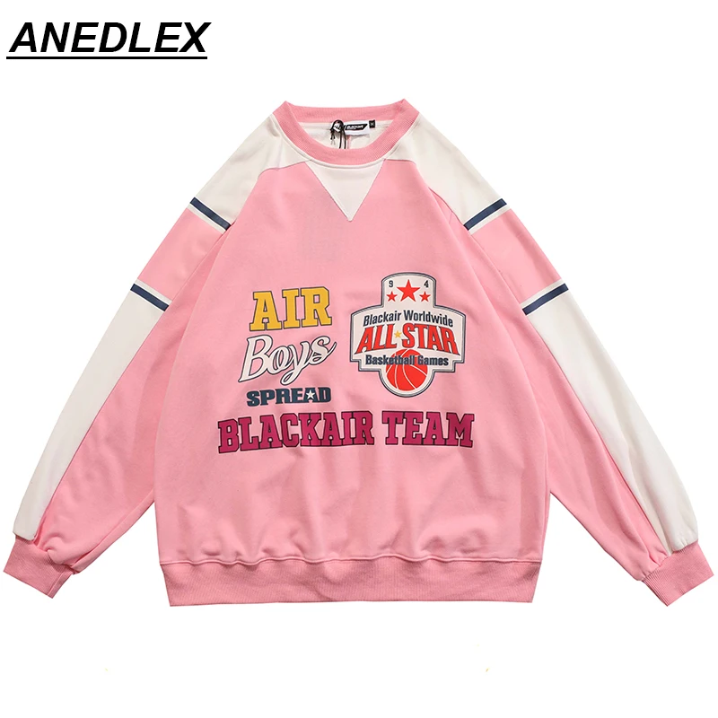 

Hip Hop Streetwear Sweatshirt 2022 Spring Men Harajuku Pullover Basketball Letter Sweat Shirt Cotton Casual Pullover Unisex Pink