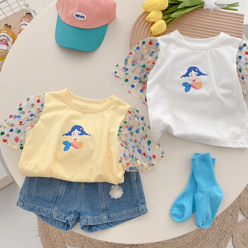 

Kids Cute Cartoon T Shirt for Girls Summer Love Heart Tulle Short Sleeve Mermaid Princess Print Cotton Tees