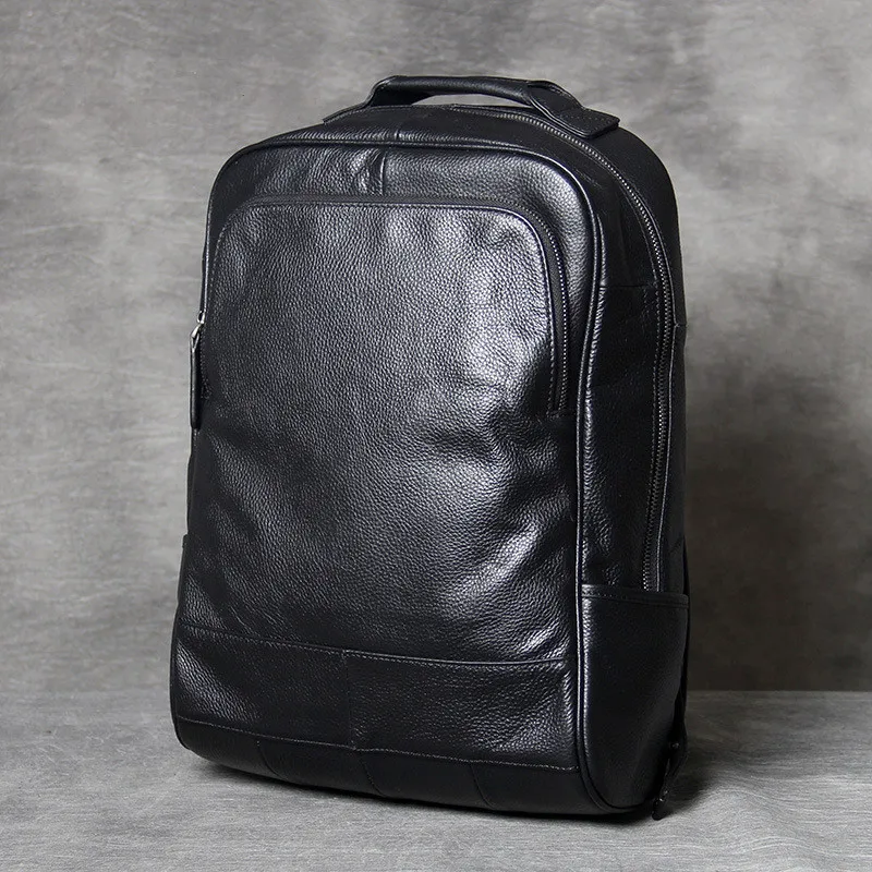 Casual high quality genuine leather men's women's black backpack simple real cowhide travel laptop bagpack luxury daily bookbag
