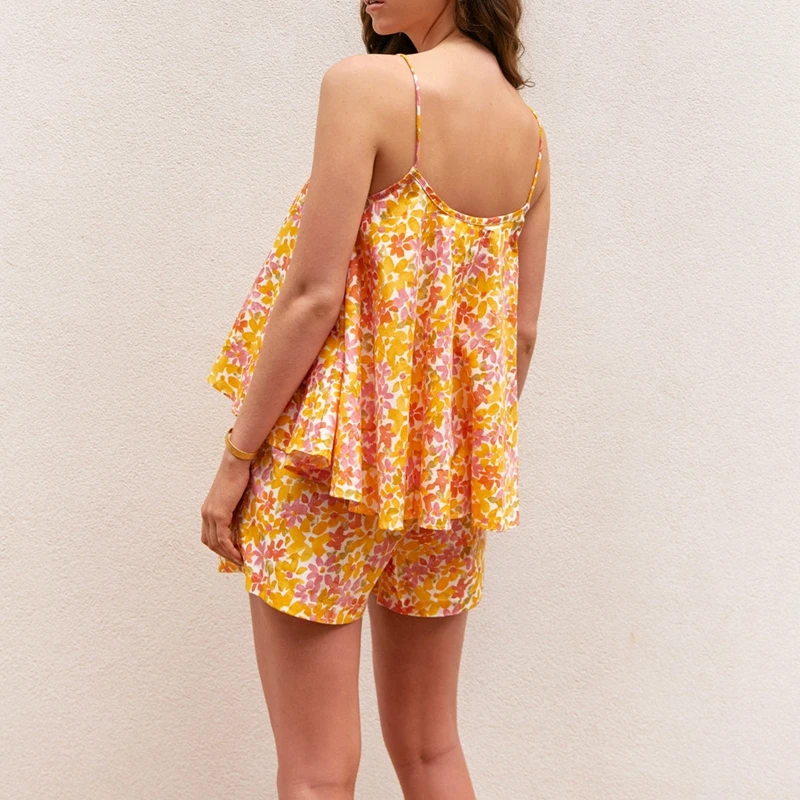 Женская одежда топ на бретельках с цветочным принтом и шорты для сна пижамный