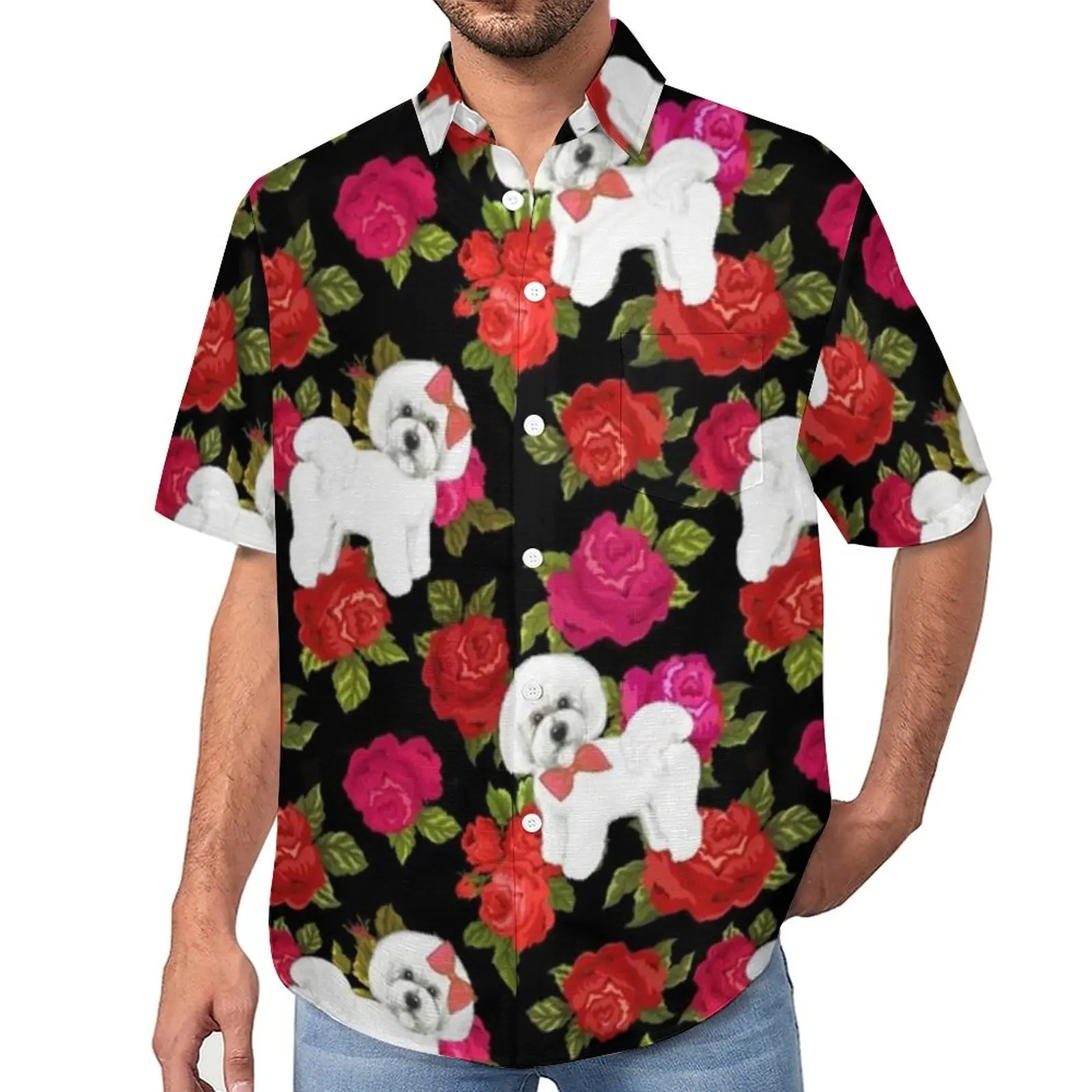 

Dog Blouses Men Poodle Rose Flower Casual Shirts Hawaiian Short Sleeve Pattern Funny Oversized Beach Shirt Gift