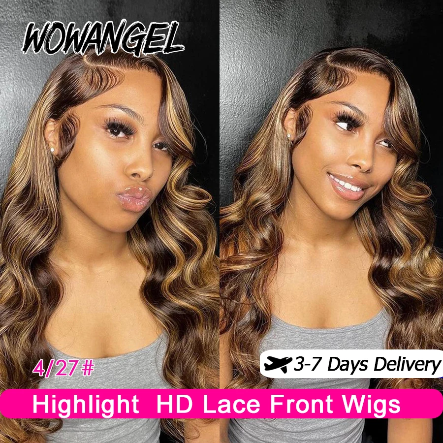 Wow Angel 13x4 HD Lace Full Frontal Wigs Highlight Body Wave 34in 13x6 Front Human Hair Melt Skins Pre Plucked