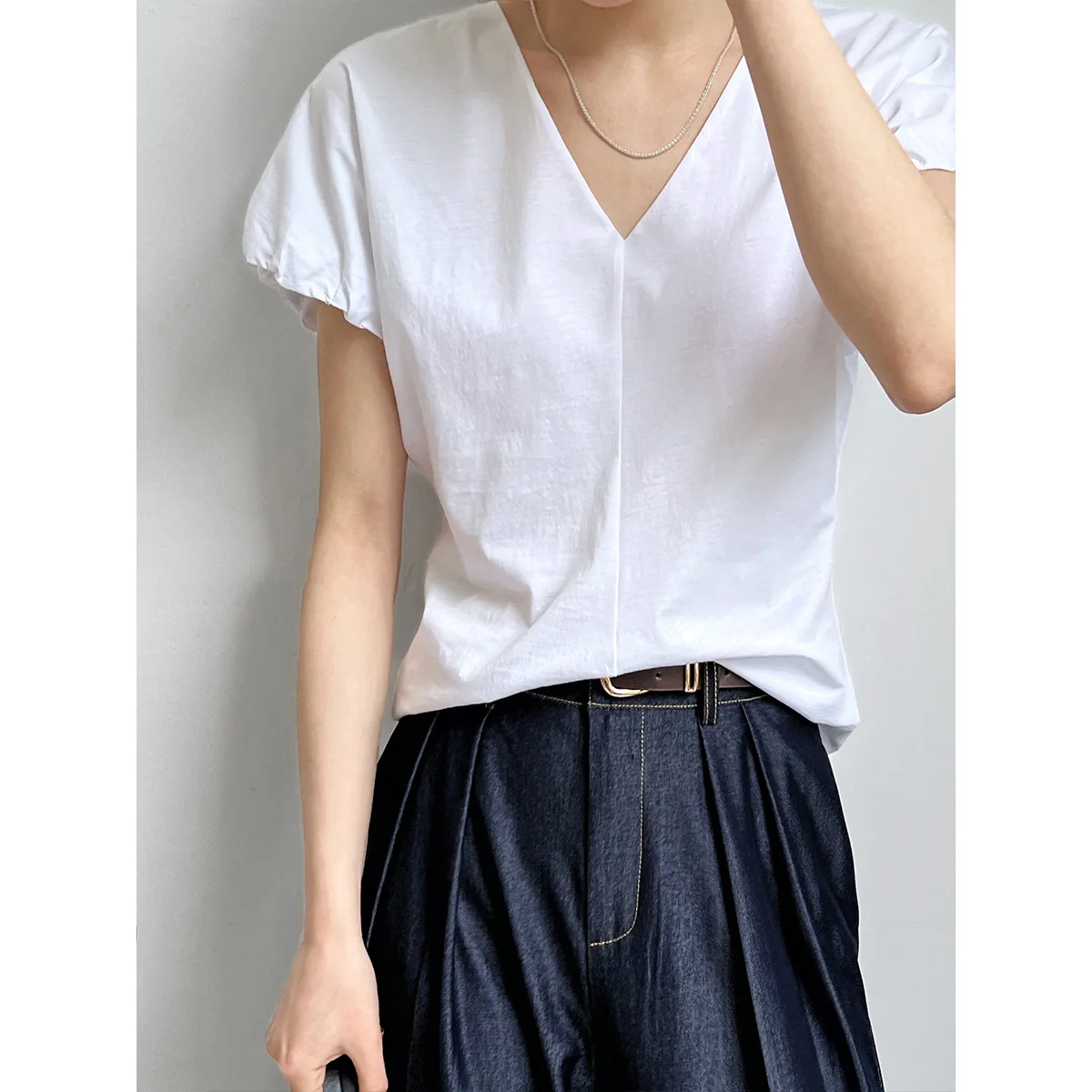 

V-Neck Women Cotton Tees Summer Casual White Color Elegant T-Shirt Tops