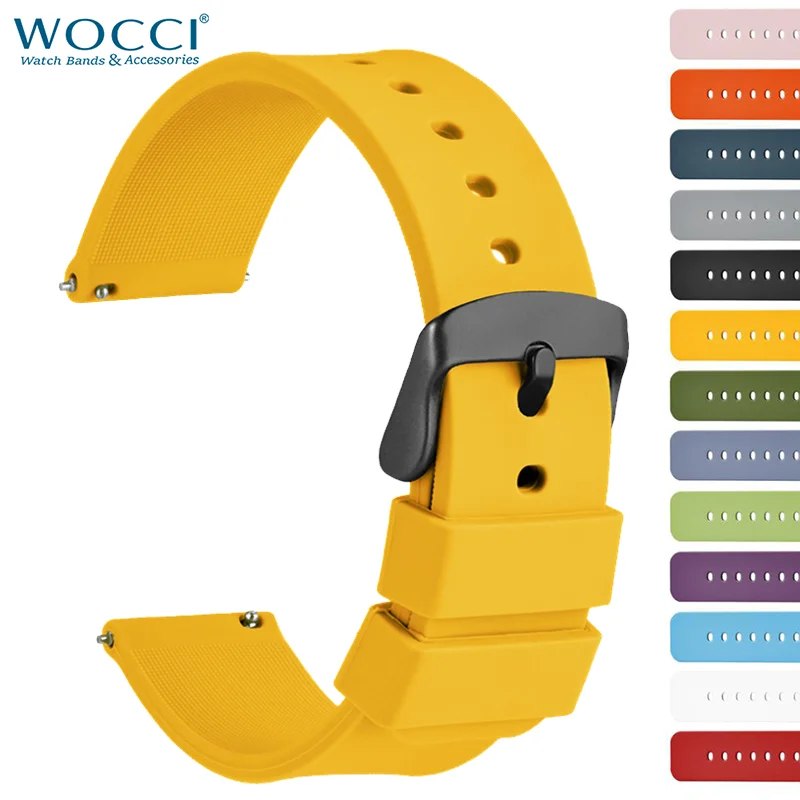 

WOCCI Silicone Strap Black Stainless Steel Buckle Quick Release 13 Colors Available 14mm 16mm 18mm 19mm 20mm 21mm 22mm 24mm