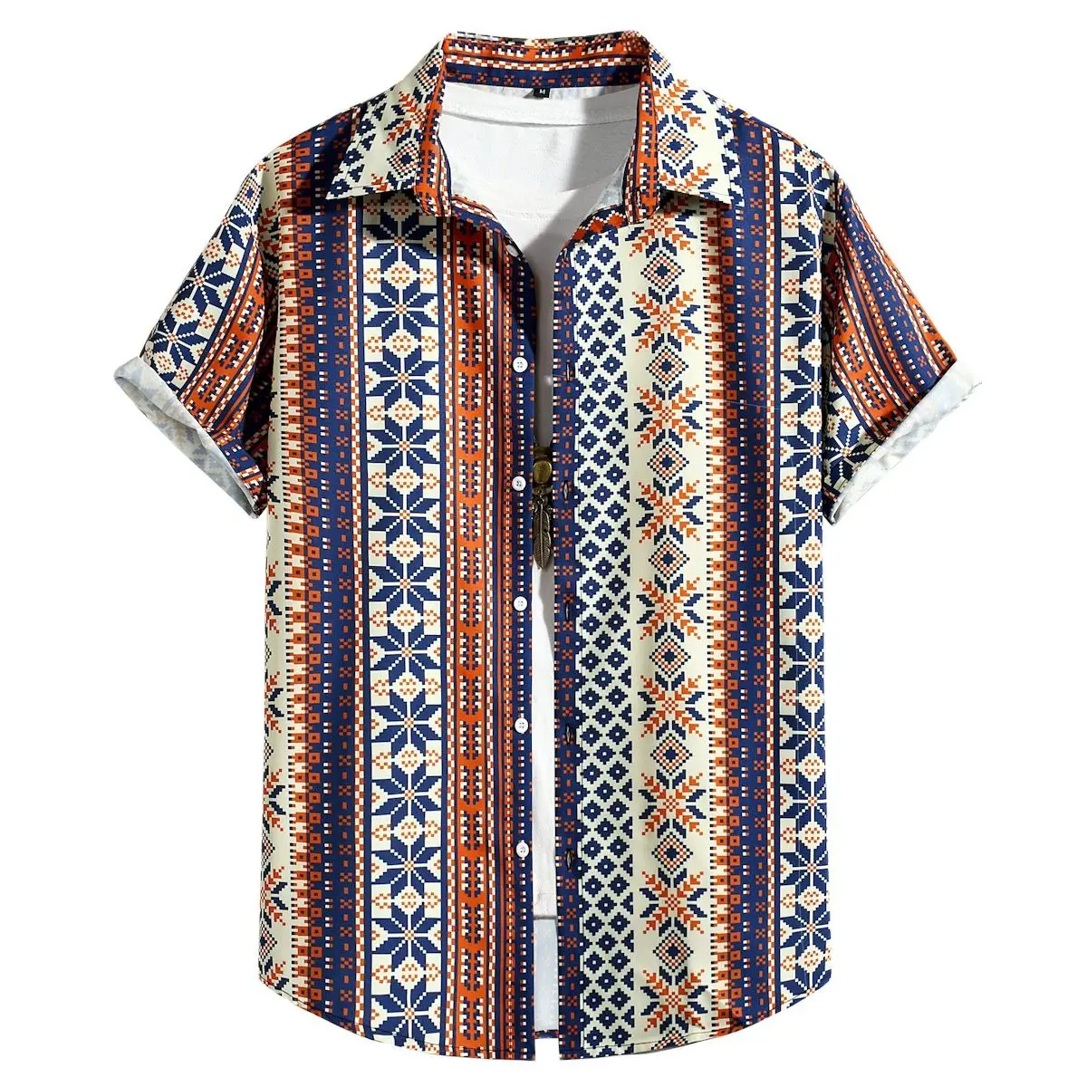 

Summer Ethnic Striped Print Mens Shirts Short Sleeve Vintage Hippie Hawaiian Shirts Regular Fit Beach Casual Tops Camisa Hombre