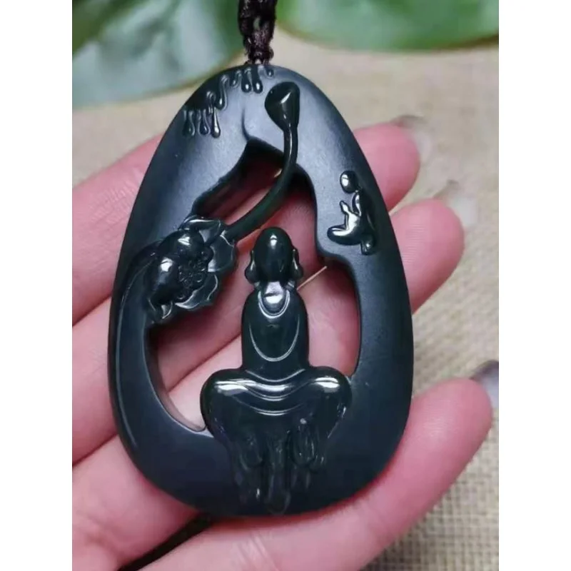 

Natural A hetian jade double Hand-Carved jade enlightenment black green jade pendant jade necklace men pendants jewelry