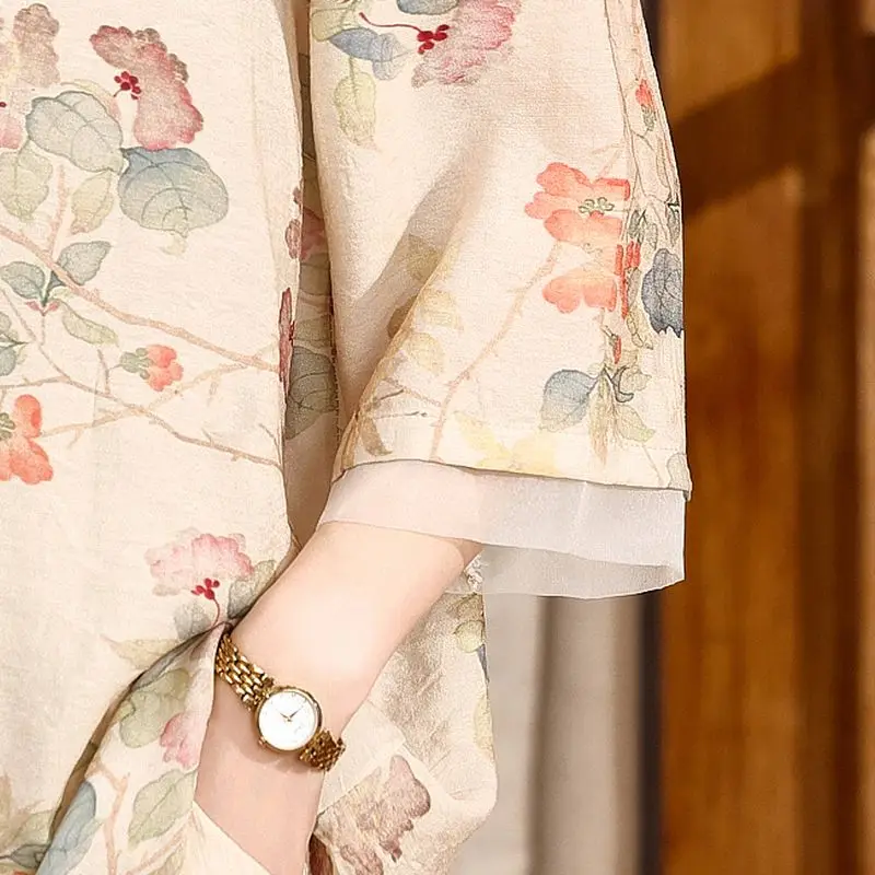 Женская свободная рубашка в китайском стиле Элегантная блузка с круглым вырезом