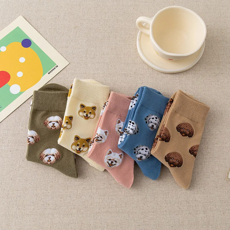 5 Pairs High Quality Harajuku Korean Kawaii Cute Women Cotton Socks Cartoon Animal Dog Girl Casual Socks
