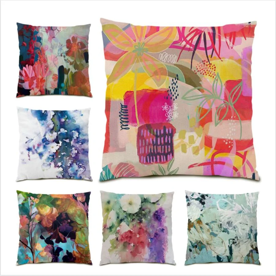 

Square Living Room Decoration Oil Painting Cushion Cover 45x45 Polyester Linen Flowers Throw Pillow Covers Abstract Velvet E0488