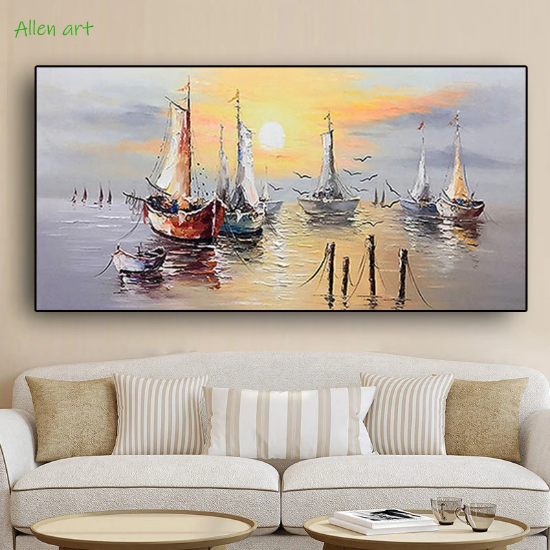 

Oil Sunrise Sea Boat Canvas Painting Wall Art Decoration Cuadros Posters and Prints Living Room Home Mural Pictures Cuadros