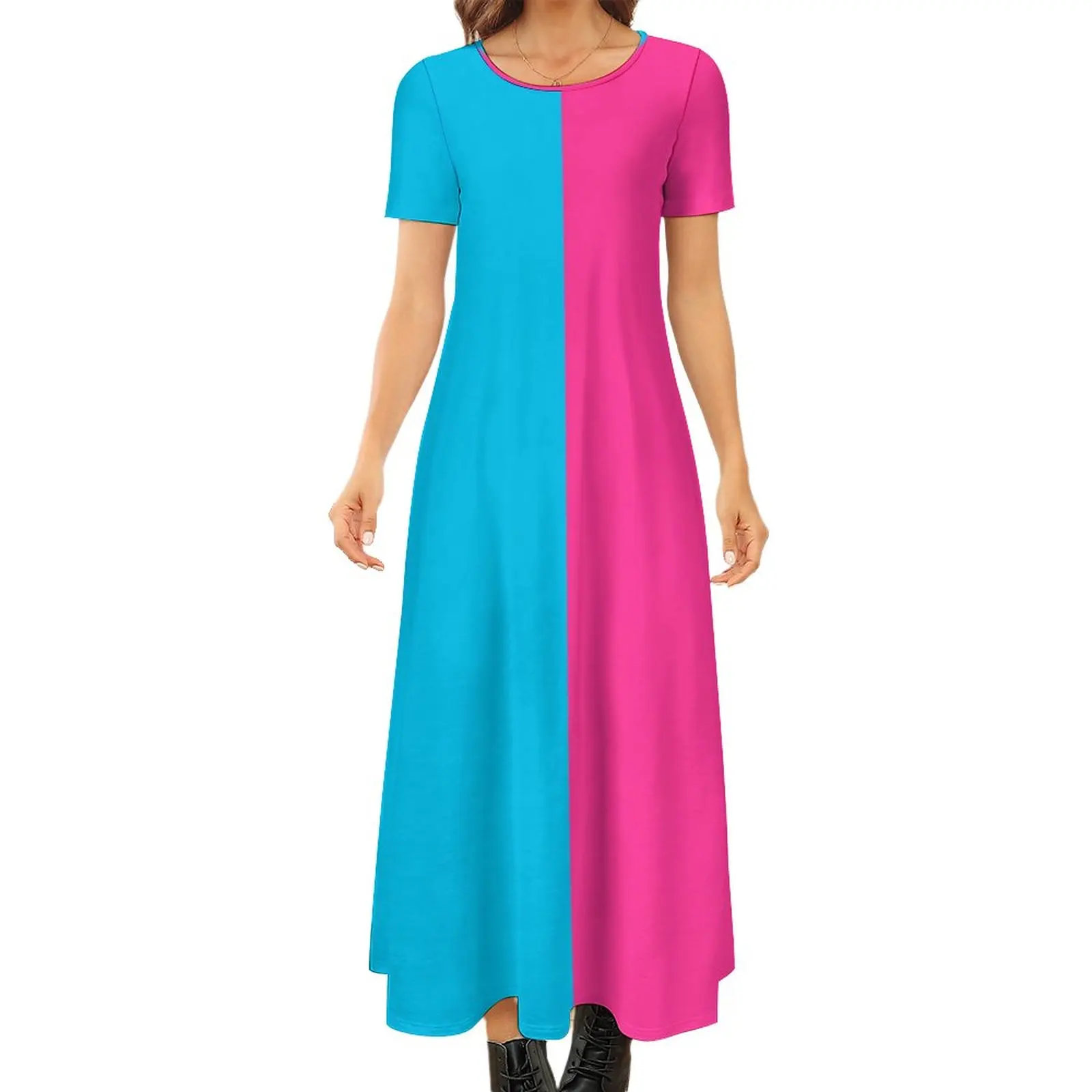

Colorblock Print Dress Two Tone Elegant Maxi Dress Short Sleeve Fashion Boho Beach Long Dresses Ladies Graphic Oversized Vestido