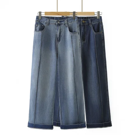 Женские джинсы больших размеров 100 кг, новые летние тонкие эластичные джинсовые прямые брюки, повседневные брюки до щиколотки, низ 8656