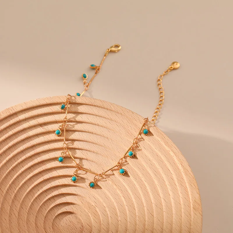 Summer Vacation Casual Style Bohemia Dropping Oil Craft Blue Pendant Anklets for Women 18k Gold Plated Jewelry Accessories