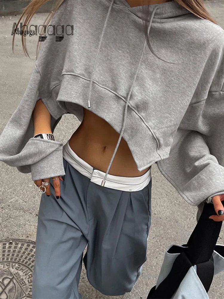 

Повседневная Свободная спортивная одежда AHAgaga, укороченные свитшоты, женский укороченный топ с рукавами-фонариками и капюшоном, женские ос...