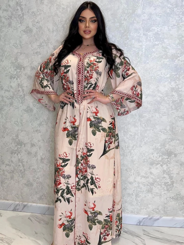 Dubai Muslim Dress Women Casual Clothes India Turkey Abaya Eid Long Sleeve Print Moroccan Kaftan Caftan Lady Musulman Vestidos