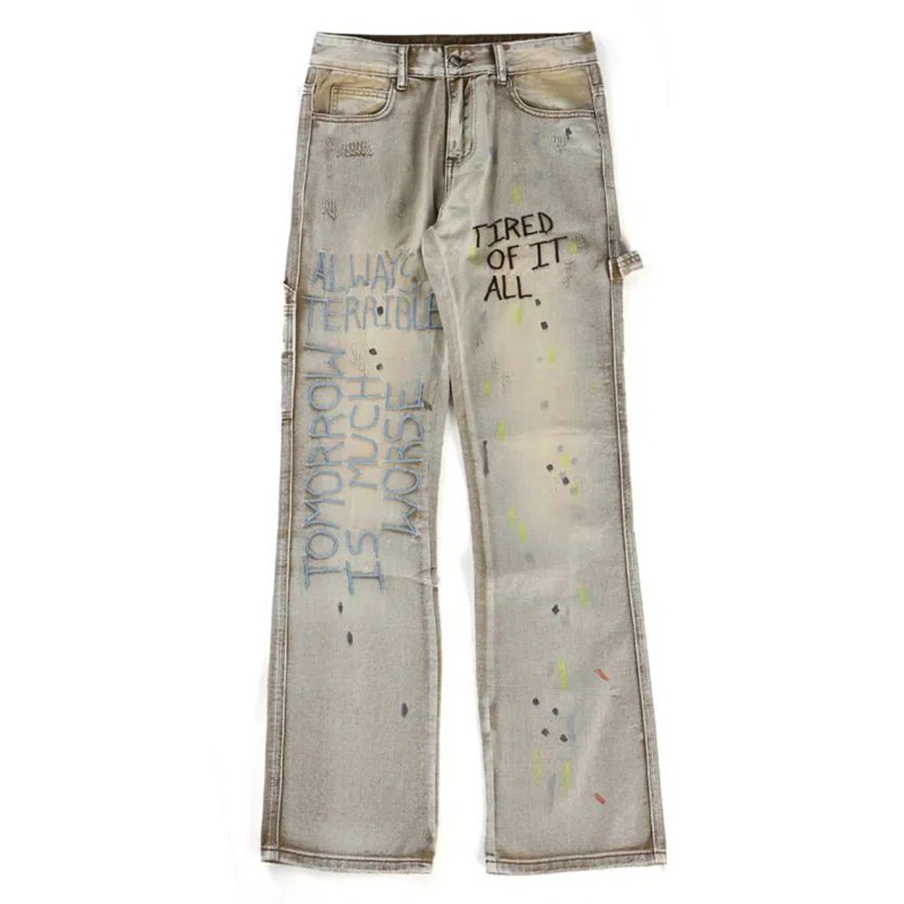 American Retro Embroidered Letters Denim Trousers Men's 2023 New High Street Loose Wide-leg Jeans Street Wear Straight-leg Pants