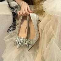 sequins bow knot woman shoes solid thin heels shoes women fashion wedding shoes pointed toe lady shoes slip on zapatos de mujer