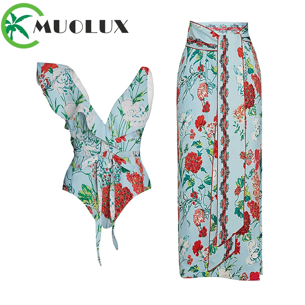 

MUOLUX 2023 Women Swimwear Sexy Ruffle Shoulder Print Bikinis Swimsuit Dress Summer Skirt Beachwear BathingSuit Monkini Cover Up
