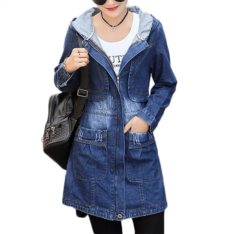 

Spring Autumn New Denim Jacket Women Korean Loose Long Jeans Jackets Women Zipper Plus Size Hooded Basic Coat Jackets 5xl A513